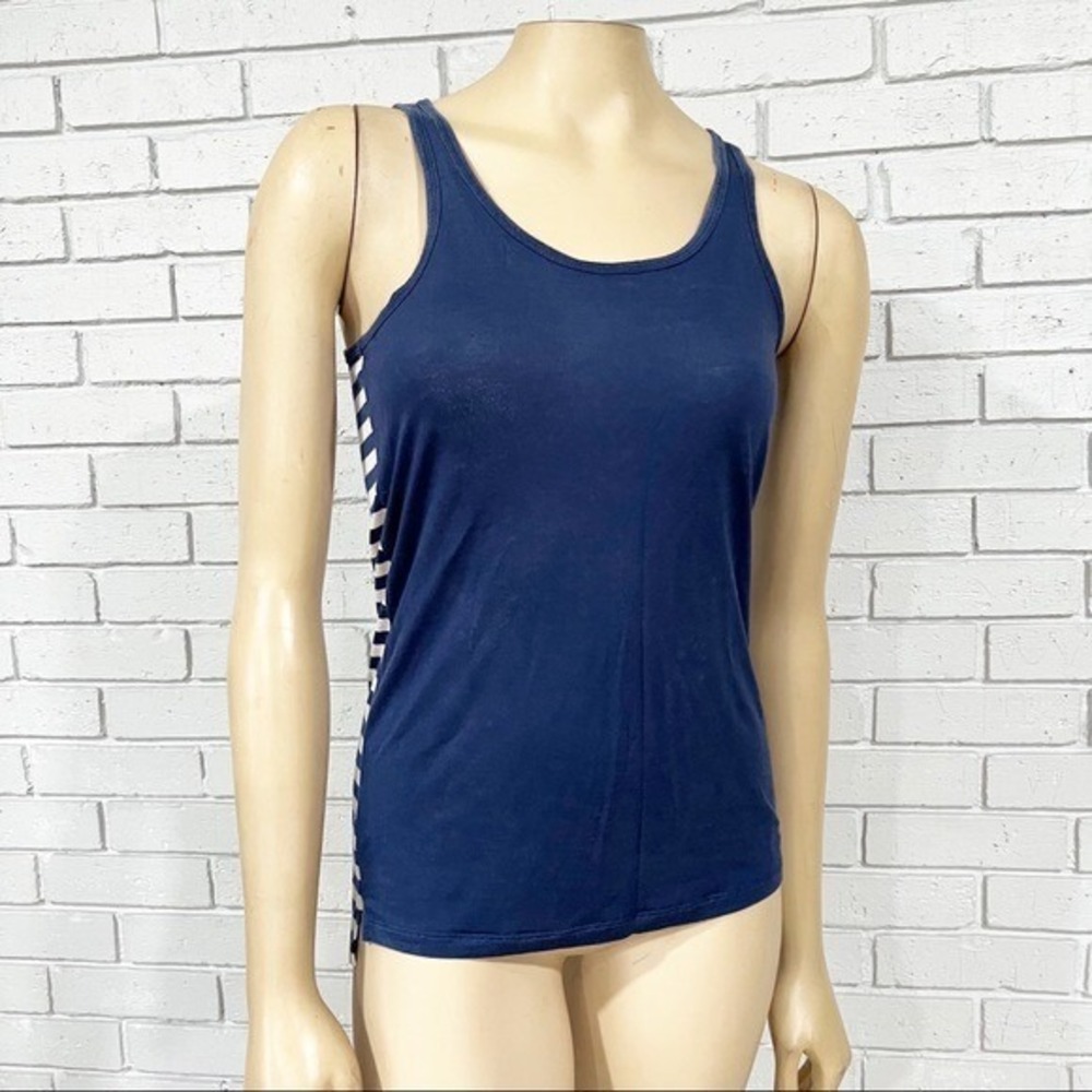 Hi-Line Womens Navy Blue Solid Front Striped Back Racerback Tank Top Size XS